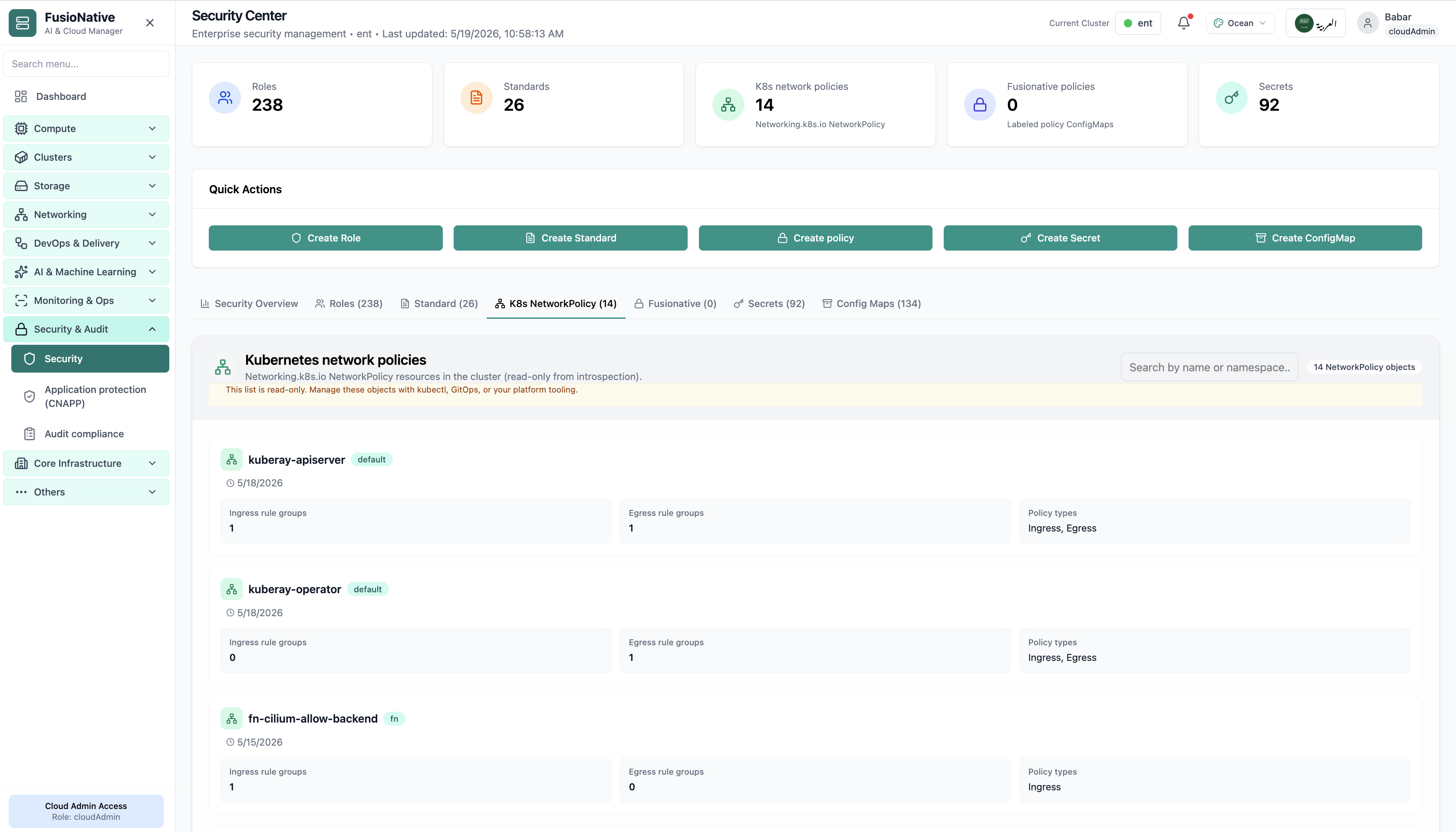 Kubernetes network policies tab.
